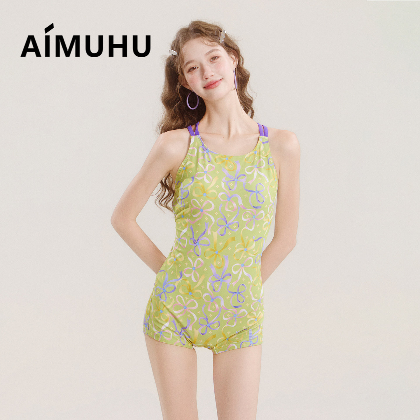 AIMUHU可爱莫奈蝴蝶平角连体泳衣女性感显瘦保守运动露背专业泳装
