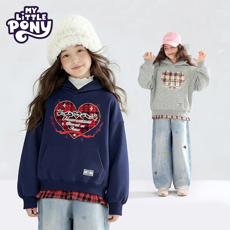 小马宝莉女童灰色卫衣加绒2025冬季新款爱心蝴蝶结宽松连帽外套厚