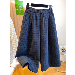 胖mm加大码300斤秋冬新款欧货格子棉裤女宽松夹棉阔腿裤八分裤子2