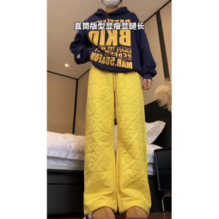 原版面料大码300斤菱格压线夹棉阔腿裤女秋冬直筒束脚保暖棉裤子2