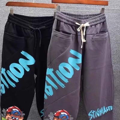 加肥加大码300斤裤子男潮牌痞帅炸街休闲裤印图束脚宽松哈伦裤ins