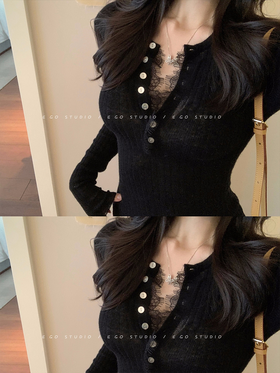 纯欲蕾丝边黑色打底衫女2025秋法式v领内搭辣妹秋冬修身针织上衣