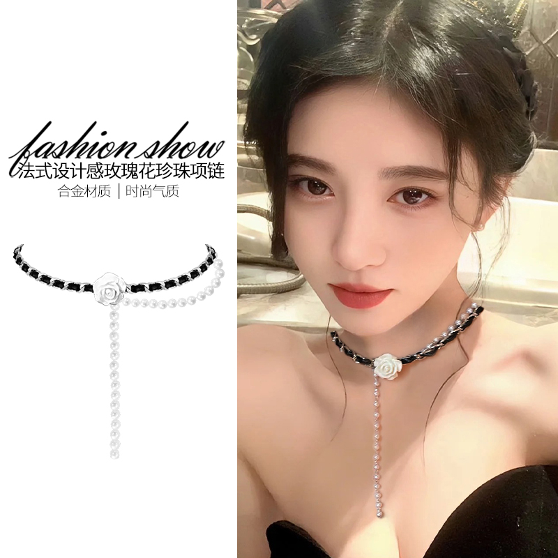 法式珍珠款玫瑰项链女