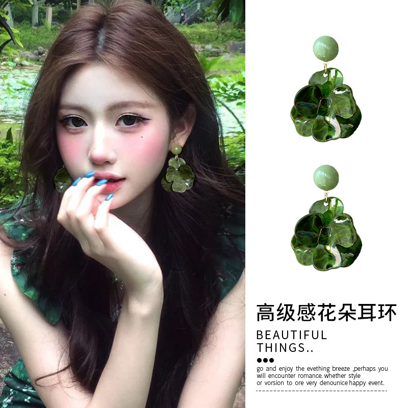 绿色小众设计感花朵耳夹女无耳洞图片