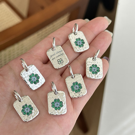 MISS JOJO原创设计简约百搭气质女小花绿石方牌S925纯银吊坠 3845