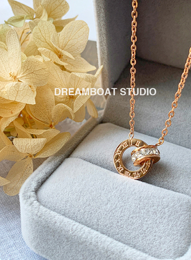 DREAMBOAT 罗马数字轻奢项链女潮小众网红气质圆环方钻钛钢锁骨链