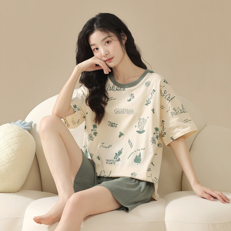 夏季短袖女新款圆领纯棉短裤睡衣可外穿清新夏款家居服套装
