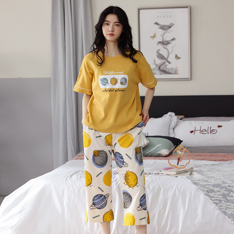 短袖睡衣夏女纯棉七分裤套头图案休闲舒适新款女款夏款家居服套装