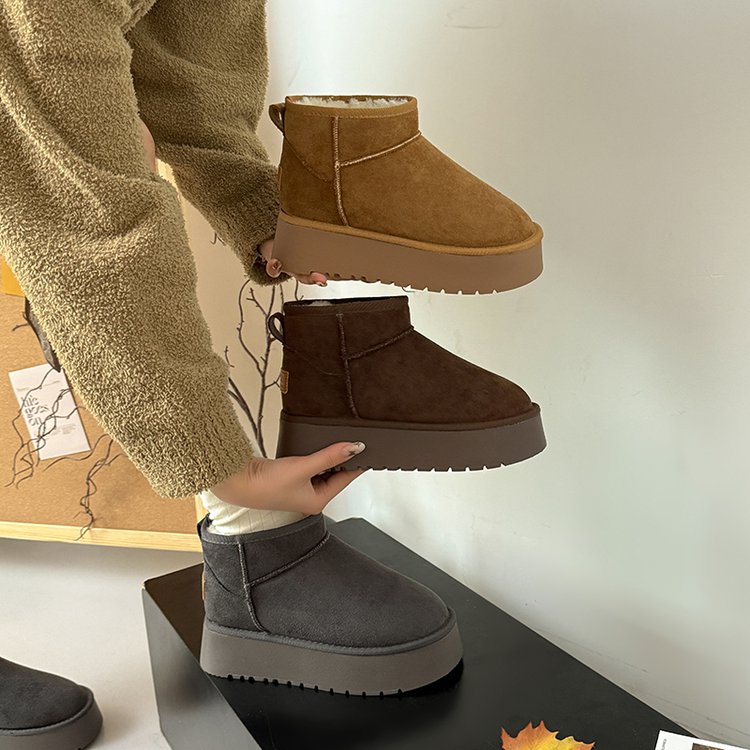 2025冬季新款时尚雪地靴短筒绒面磨砂内增高套筒橡胶超高跟(大于8