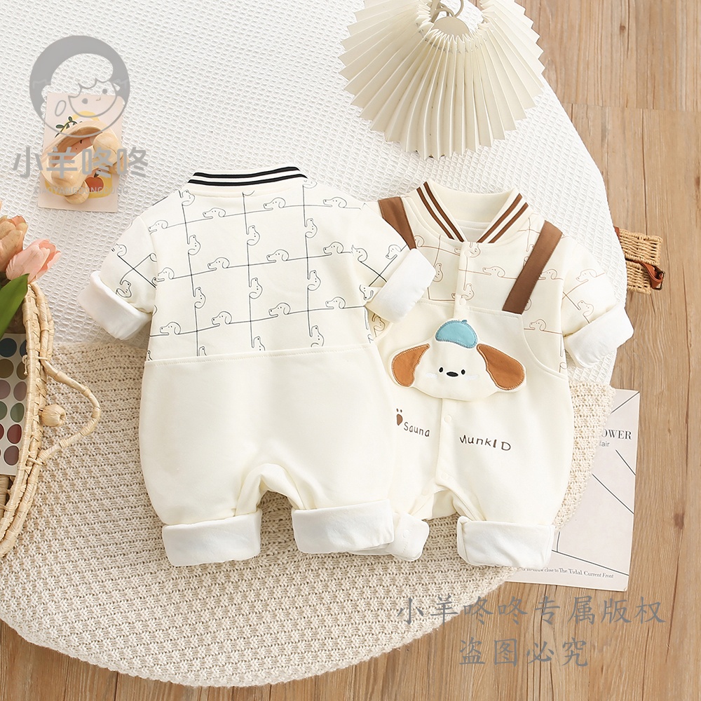 春秋款狗狗奇遇记哈衣假背带可爱卡通长袖男女宝超萌婴幼连体爬服