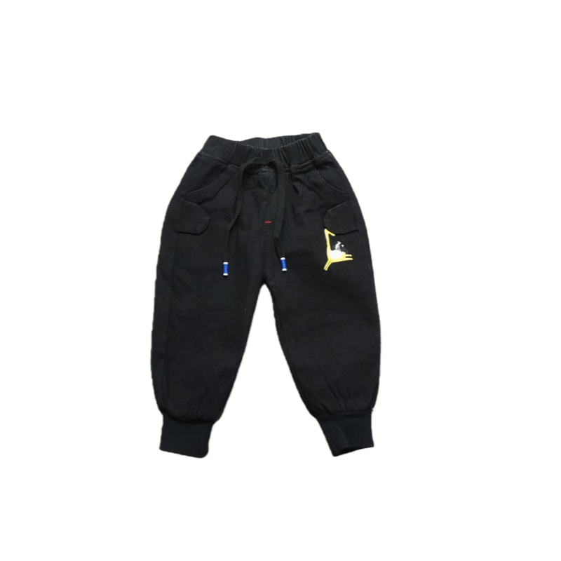 春秋复古简约风黑色加绒束脚裤儿童休闲运动裤男女童刺绣小狗长裤