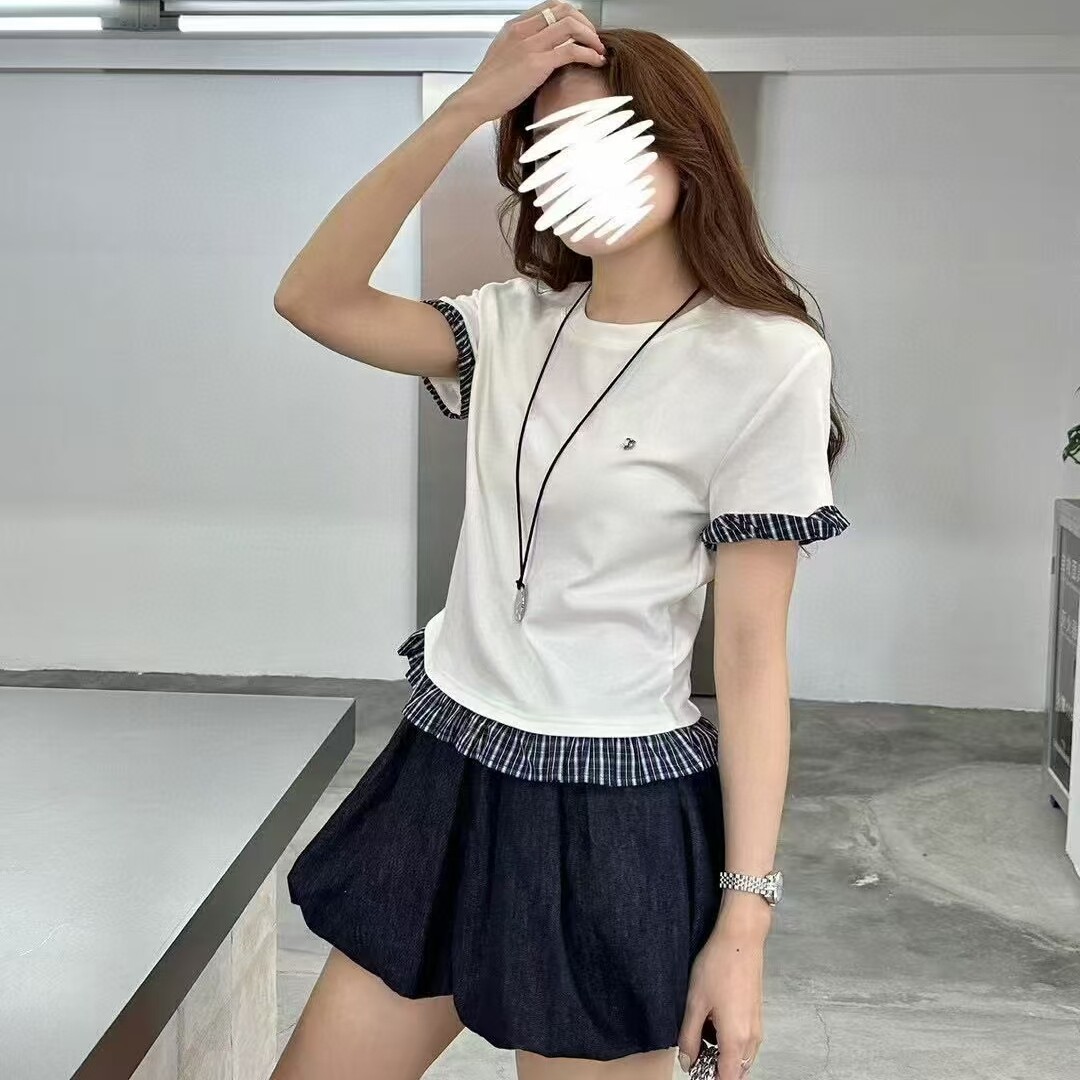 ins设计感拼接条纹圆领T恤女2025夏韩版百褶花边短袖显瘦白搭上衣