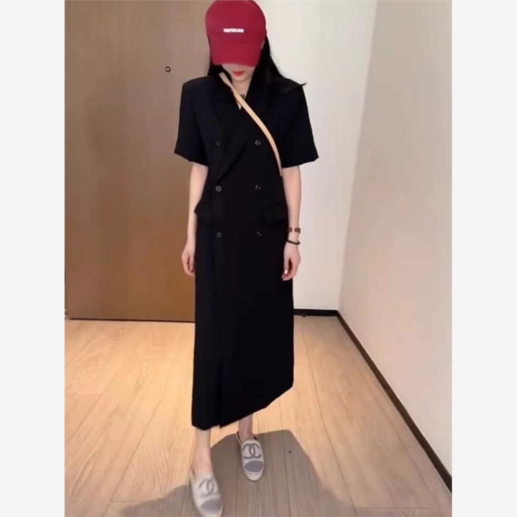 大码胖mm韩版高级感双排扣西装连衣裙女夏宽松直筒显瘦长裙200斤
