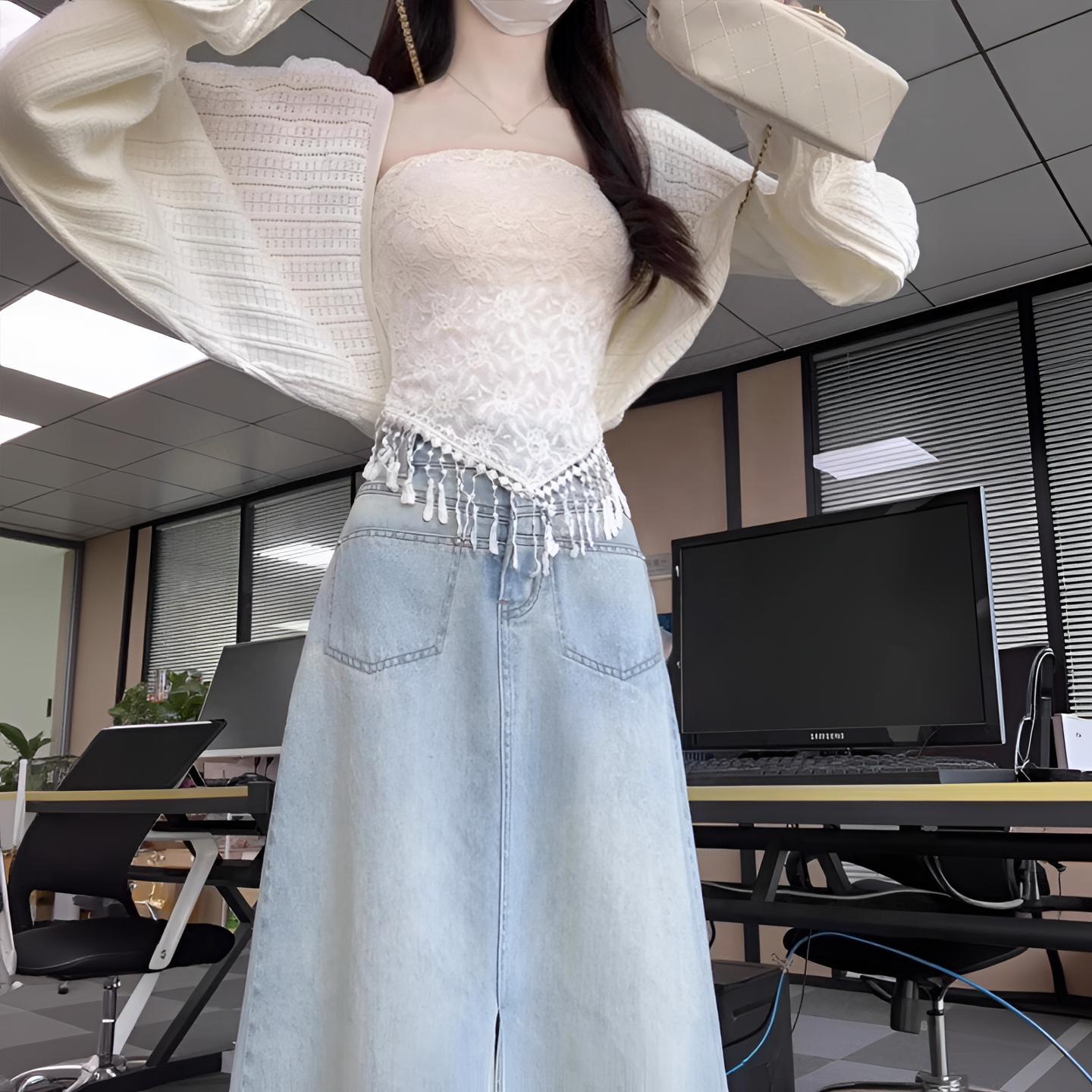 夏季搭配一整套大码胖mm防晒开衫蕾丝抹胸上衣牛仔半身裙三件套装