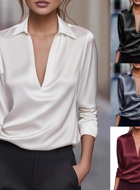 秋季气质纯色简约V领衬衫长袖衬衣女叠穿时尚洋气时髦上衣设计感