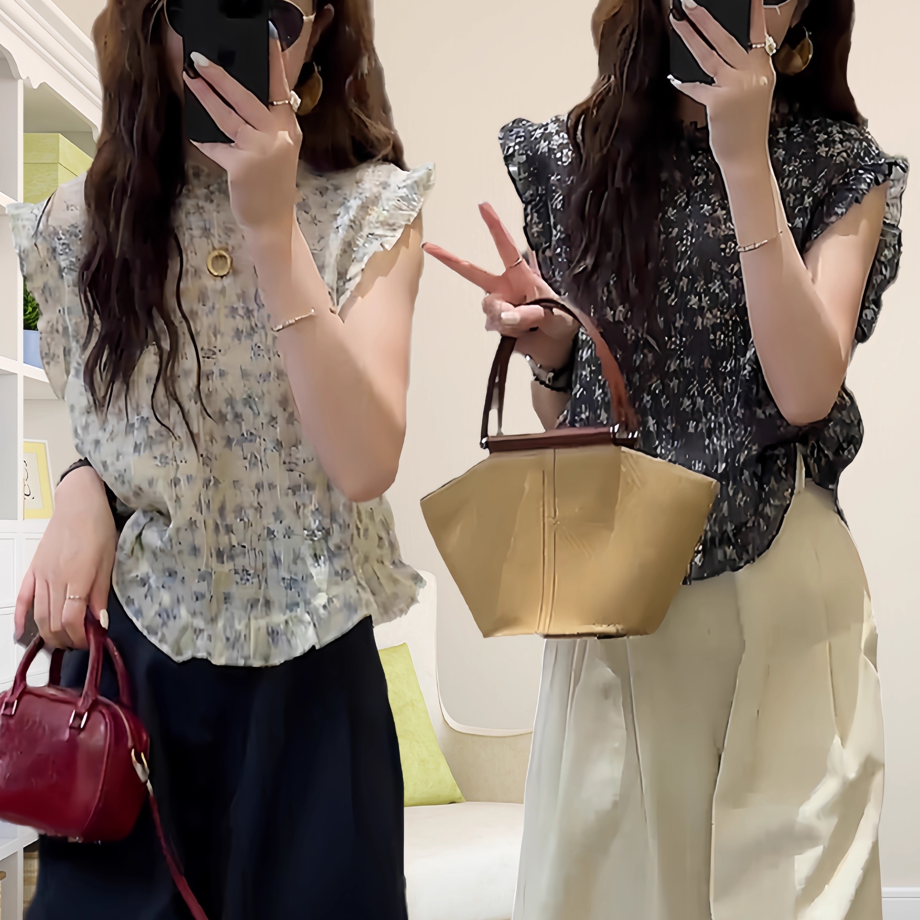 法式复古时尚飞飞袖碎花衬衫