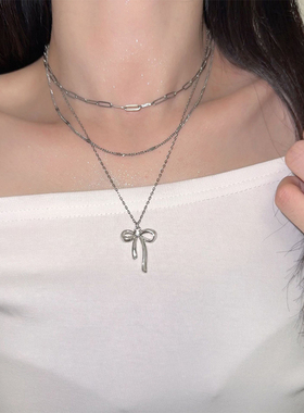 ins多层叠蝴蝶结吊坠锁骨链女潮
