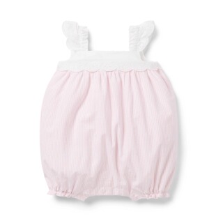 JANIEANDJACK粉白细条纹纯棉蕾丝夏季婴儿夏装公主套装连身衣爬服