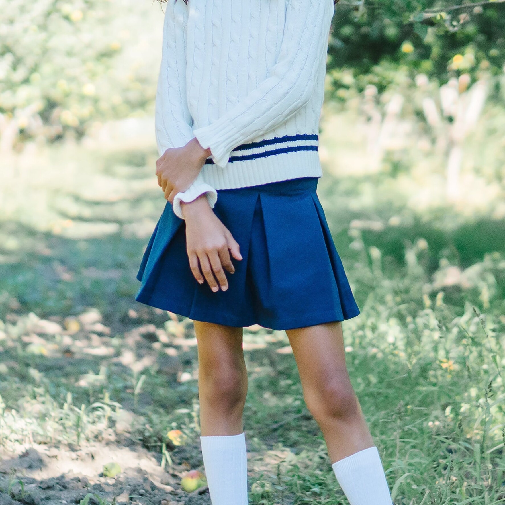 美单有机棉春秋冬季深蓝纯色复古百褶学院风女童安全内裤半身裙