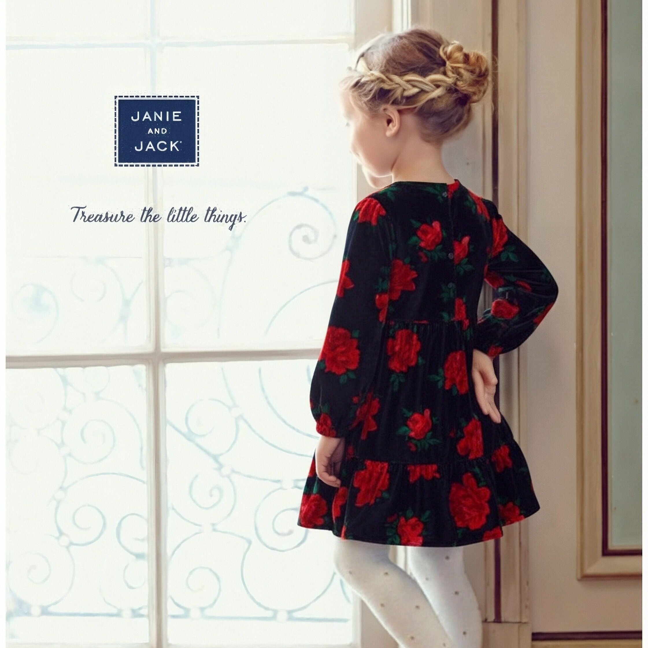 Janie and Jack气质春秋天鹅绒藏青玫瑰复古优雅女童连衣裙公主裙