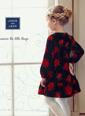 Janie and Jack气质春秋天鹅绒藏青玫瑰复古优雅女童连衣裙公主裙