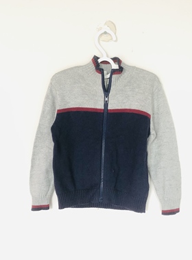 Janie and Jack灰色配深蓝色拉链长袖男童针织开衫毛衣