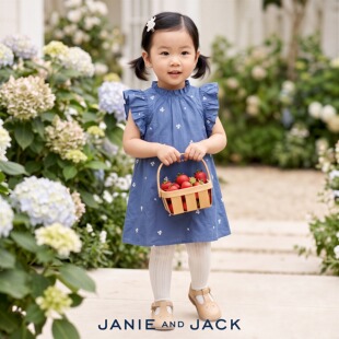 JANIEANDJACK纯棉暗蓝色刺绣花瓣木耳边飞袖女童高档连衣裙公主裙