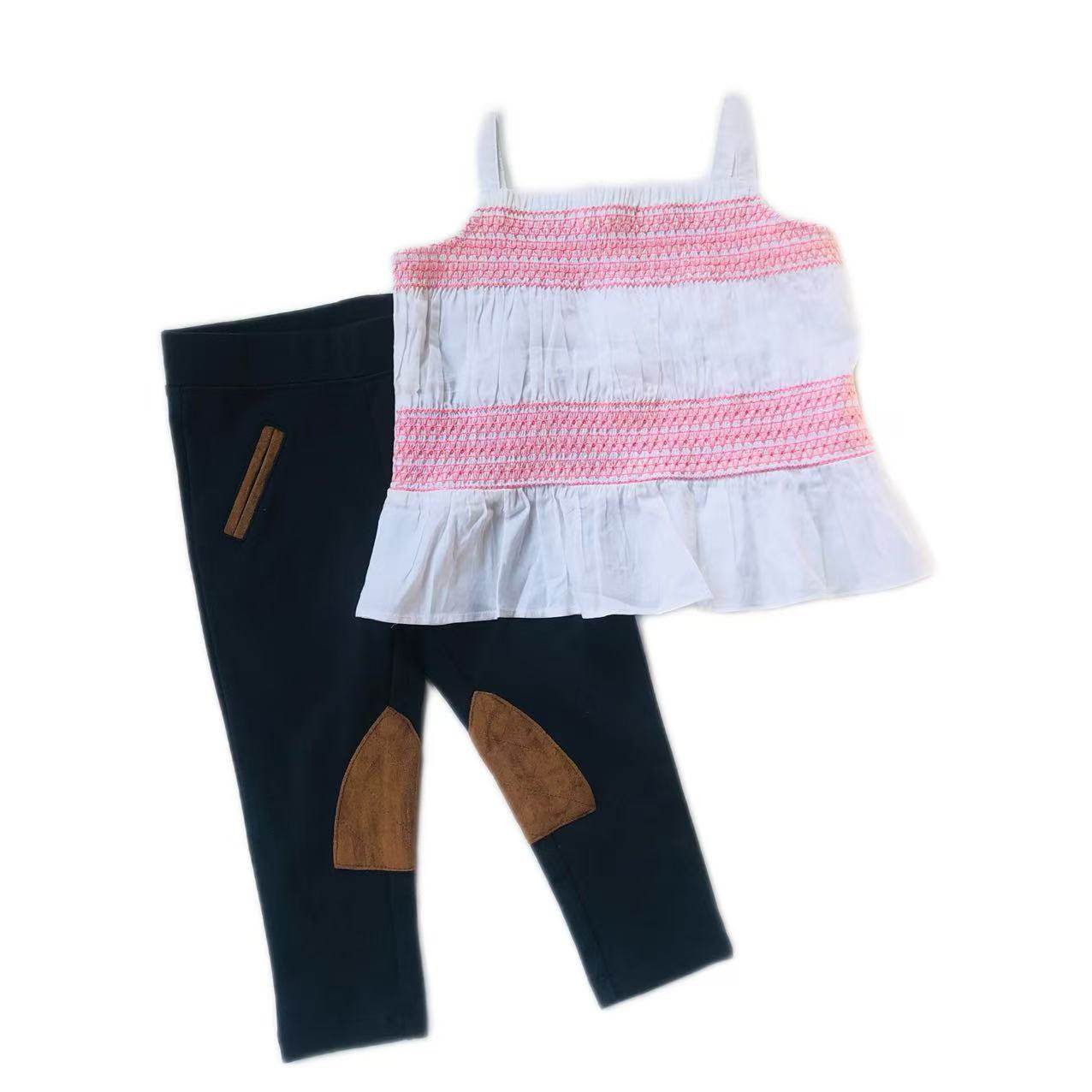 JANIE AND JACK夏季全棉白色抓皱吊带上衣和宝蓝色裤子女童套装