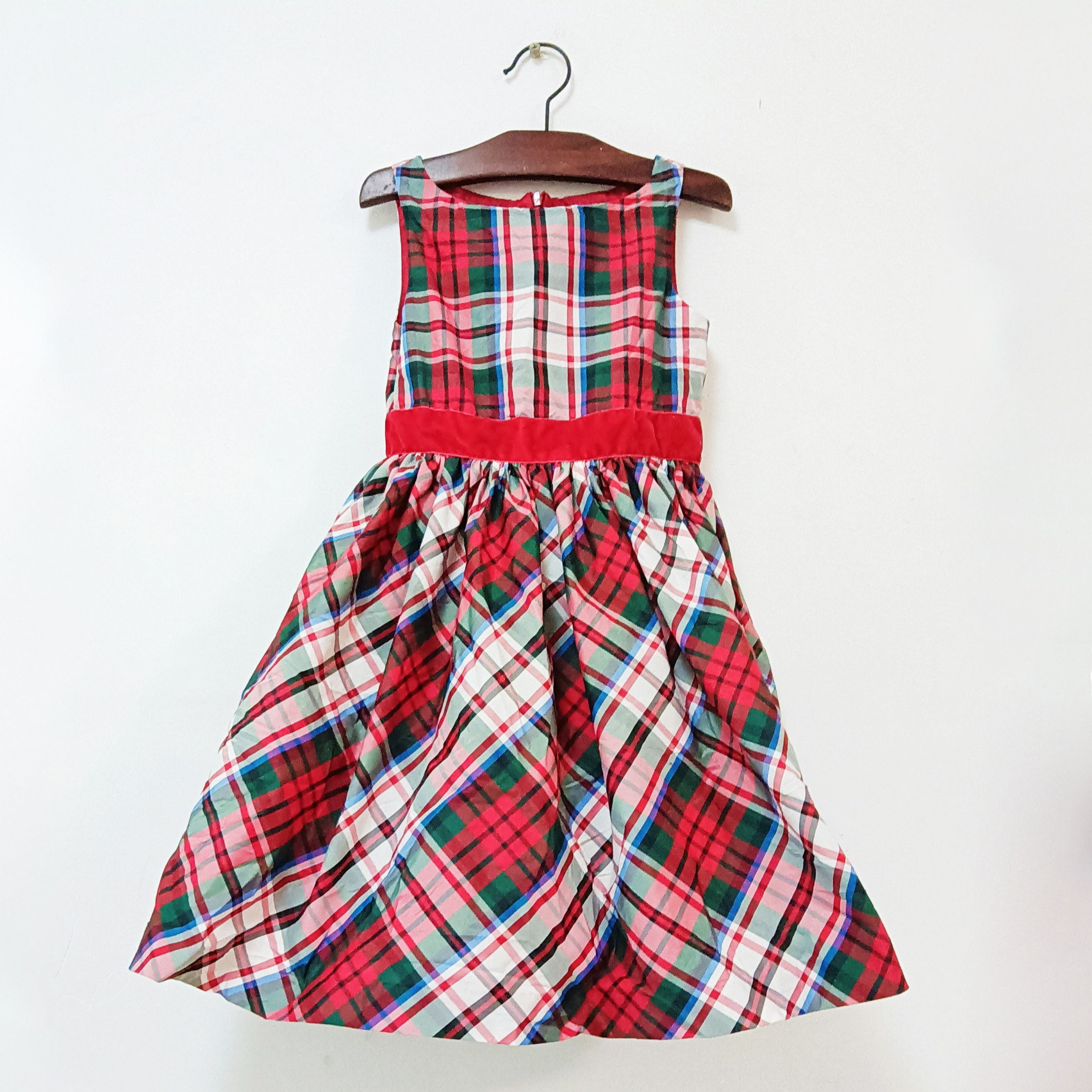 美单红绿白格子高档贡缎春秋季女童红色丝绒背心无袖连衣裙公主裙