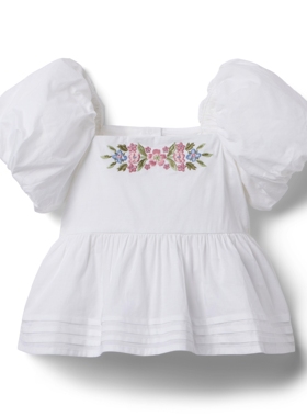 JANIE AND JACK白色绣花春夏高档田园风女童纯棉甜美优雅复古上衣