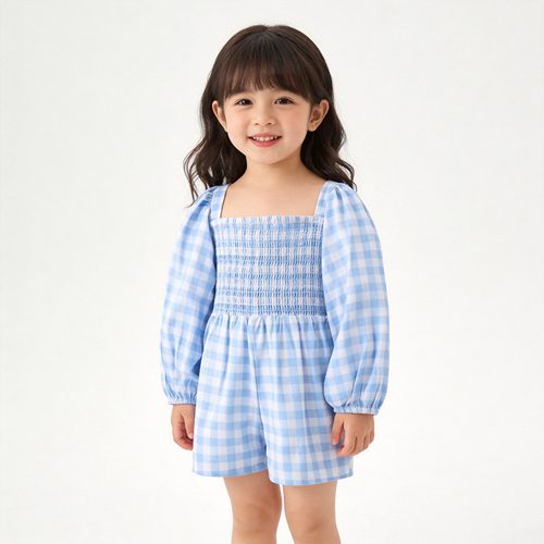 天蓝白格女童春夏透气连身裤