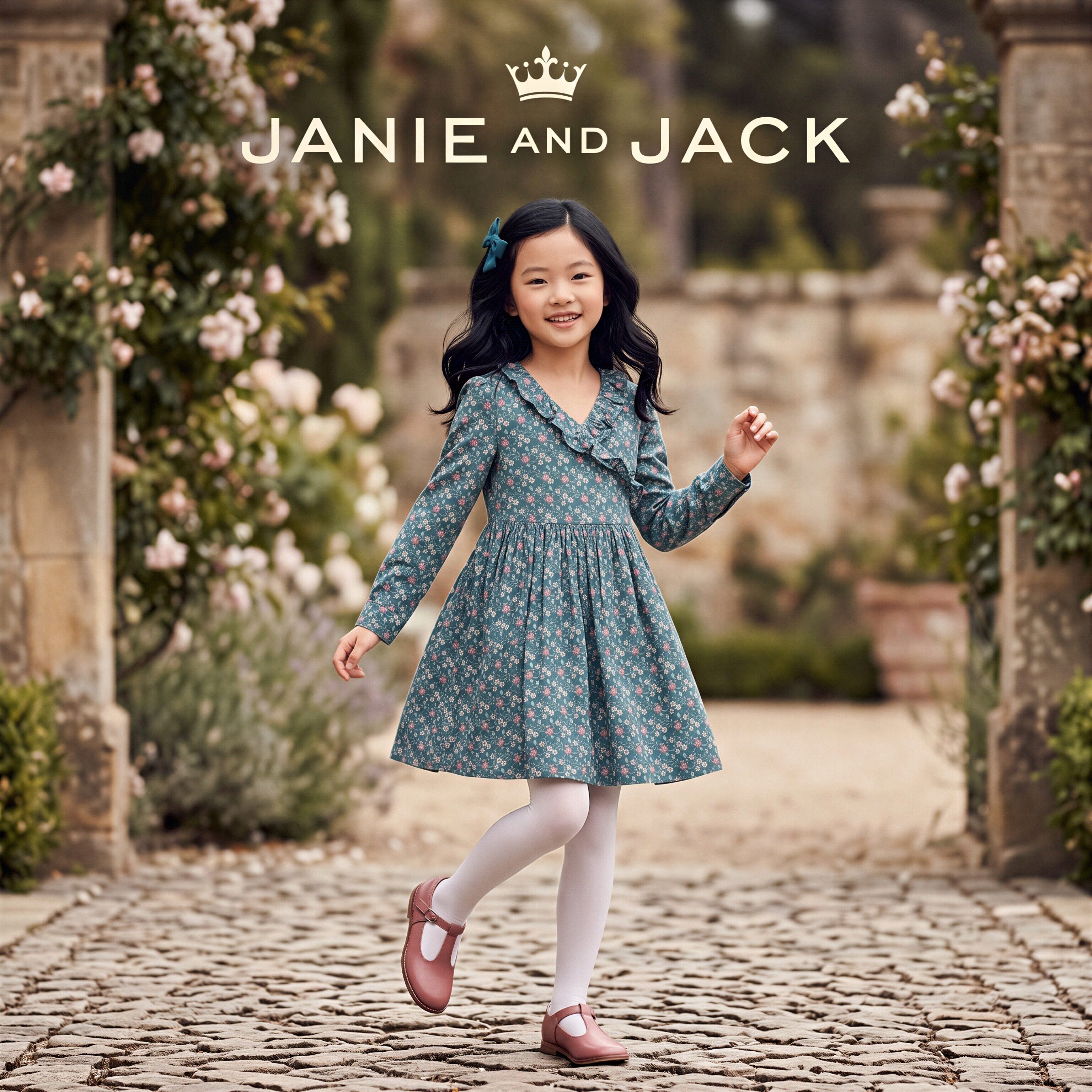 JANIEANDJACK纯棉湖绿V领连衣裙