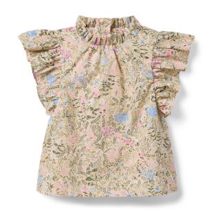 JANIE AND JACK米色复古碎花飞袖春夏木耳边女童复古优雅纯棉上衣