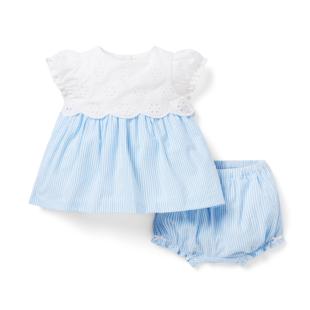套装 JACK纯棉高档蕾丝领天蓝白条纹女婴童宝宝上衣短裤 AND JANIE