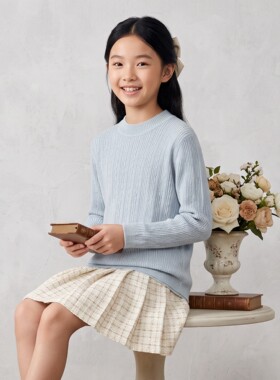 女童天蓝波浪绞花春秋冬针织衫