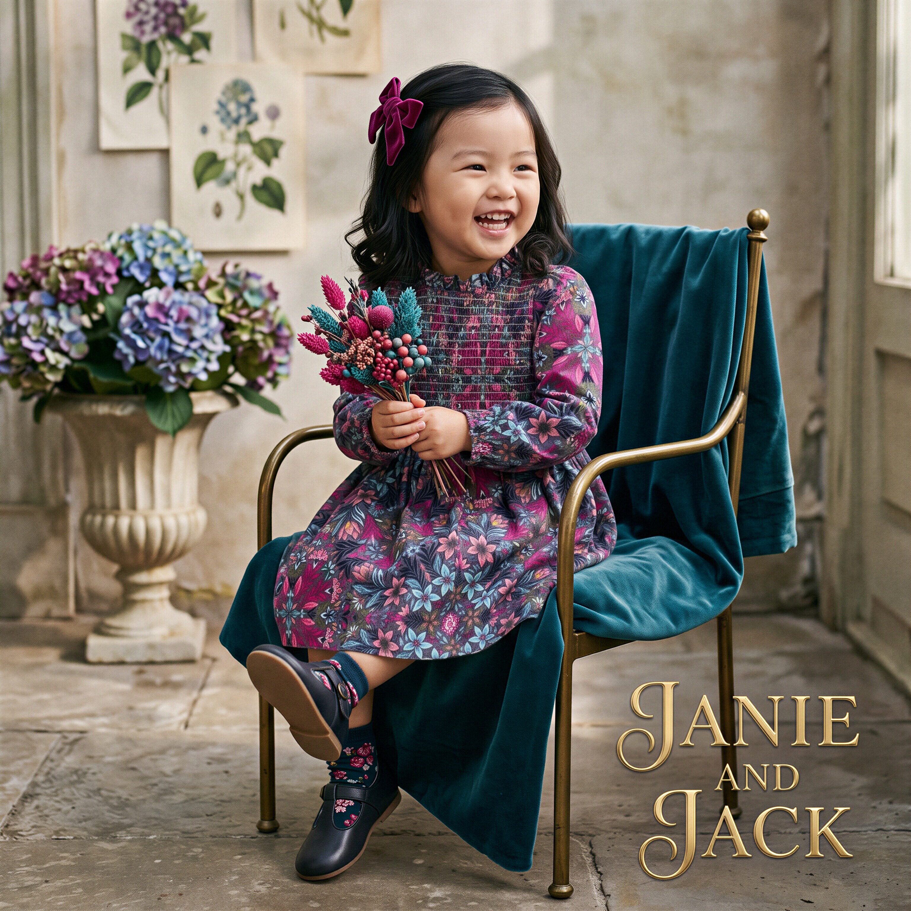 JANIEANDJACK紫色碎花春秋冬季木耳边长袖女童连衣裙