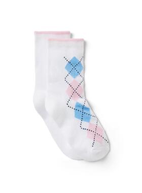 JANIE AND JACK白色粉蓝菱形格女童春秋冬季中高筒配裙女童袜子