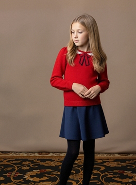 JANIE AND JACK橙红色学院风高档春秋冬季针织女童娃娃领长袖毛衣