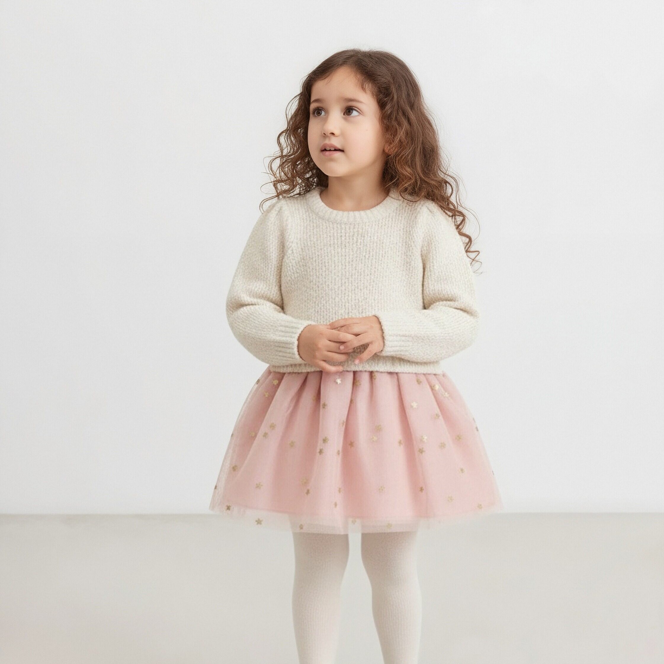 美单奶白色金丝学院风粉色蓬蓬纱星星春秋女童宝宝长袖针织连衣裙