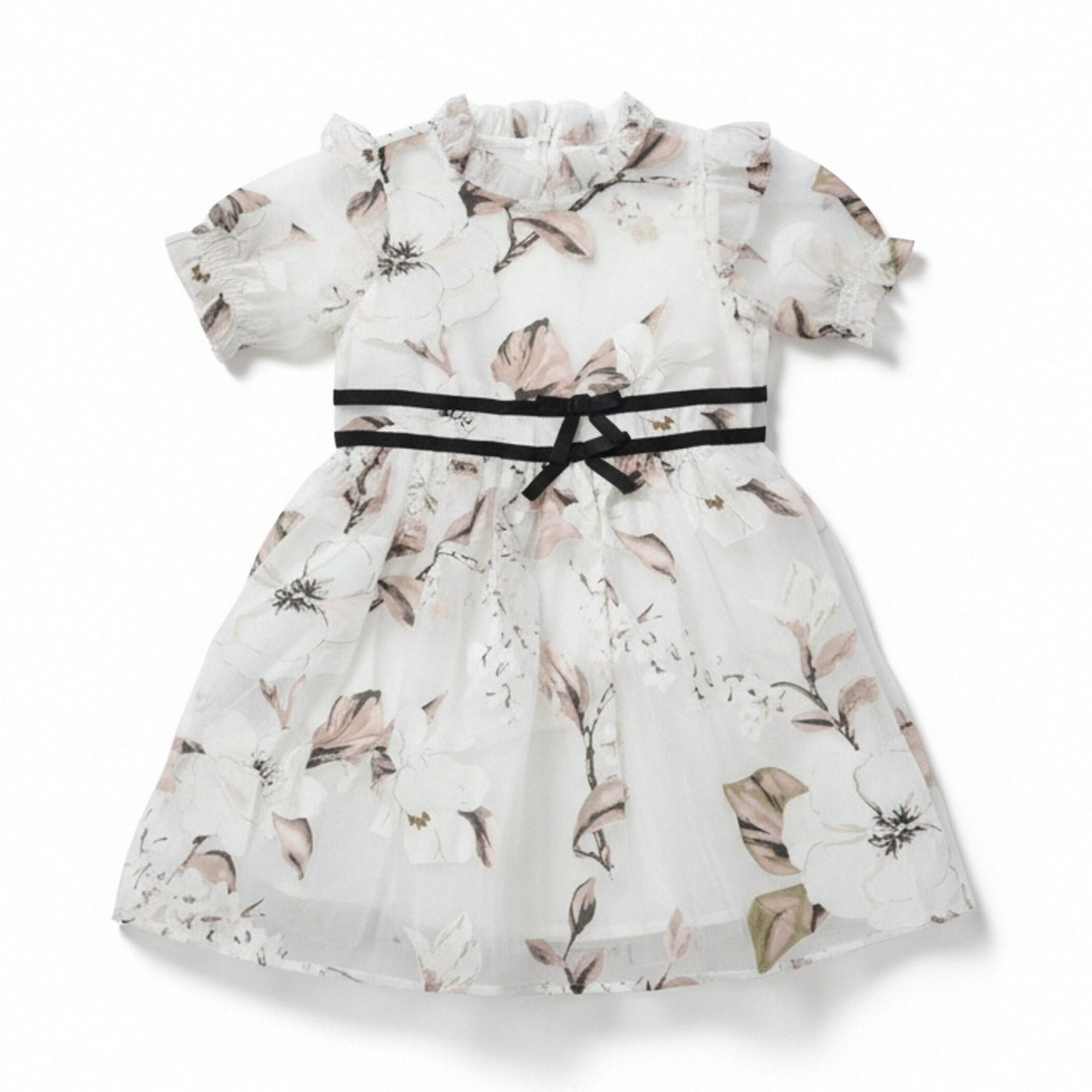 JANIE AND JACK黑白网纱花瓣蝴蝶结司机木耳边短袖女童公主连衣裙