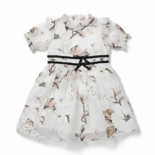 JANIE AND JACK黑白网纱花瓣蝴蝶结司机木耳边短袖女童公主连衣裙