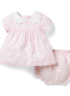 JANIE AND JACK纯棉可爱粉色格子夏季薄款圆领蕾丝花边女童套装