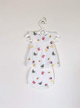 Janie and Jack白色棉麻电脑刺绣蝴蝶图案女童上衣配小短裤套装