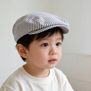 欧单纯棉春夏季男童泡泡棉藏青白条纹气质学院风鸭舌邮差帽报童帽