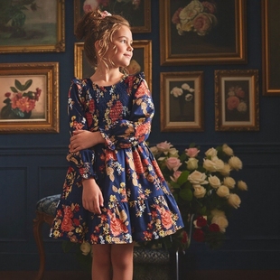 深蓝长袖 JANIE 意大利单纯棉木耳打揽法式 JACK同款 碎花连衣裙 AND