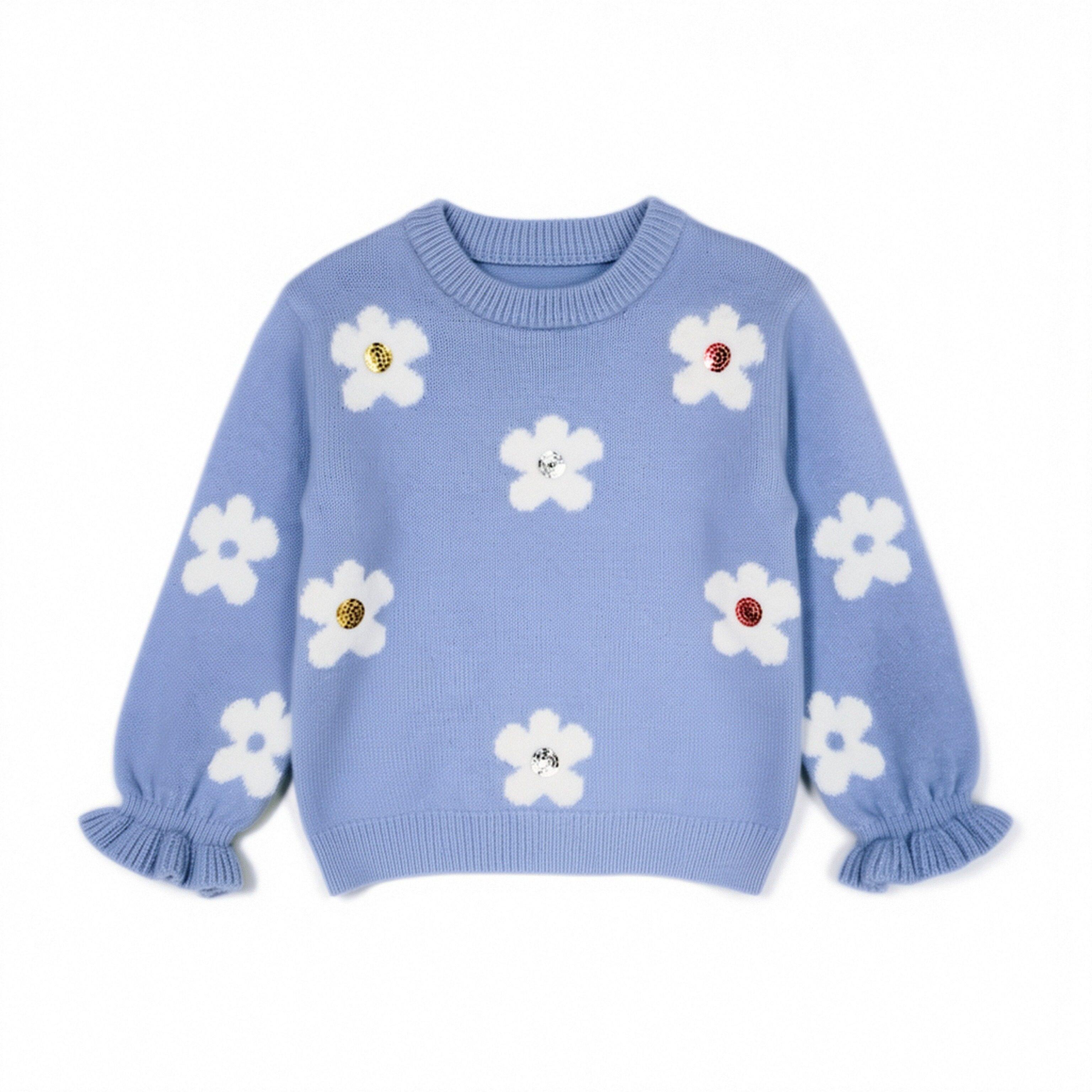 西班牙单天蓝色花朵春秋冬女童圆领抓袖混纺百搭复古长袖针织毛衣,童装/婴儿装/亲子装,毛衣/针织衫,淘宝优惠券,粉丝福利购,淘宝优惠卷