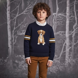 JANIE JACK秋冬深蓝纯棉学院小狗中队长男童圆领套头针织毛衣 AND
