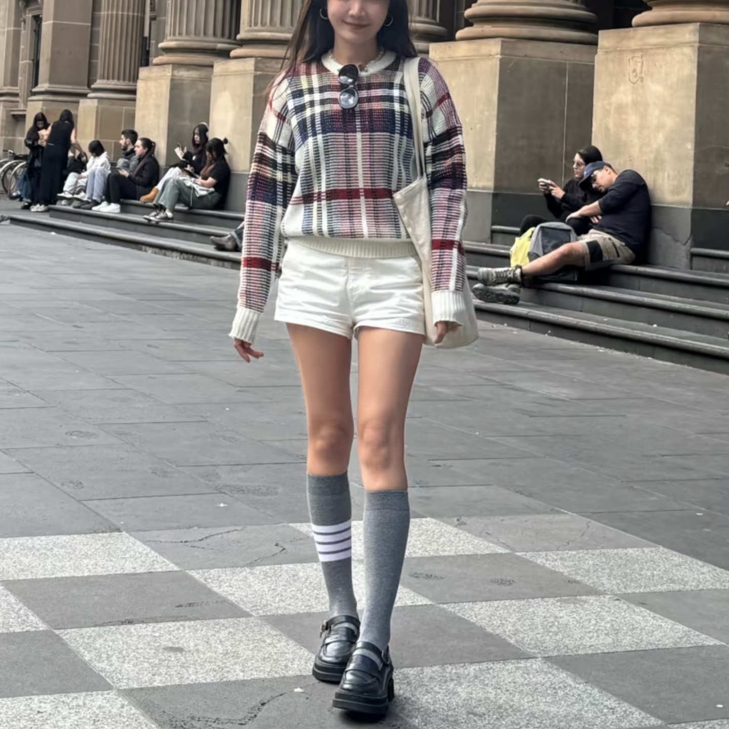 美单马仔学院风成人女款长袖宽肩羊毛羊绒红白蓝格子圆领长袖毛衣