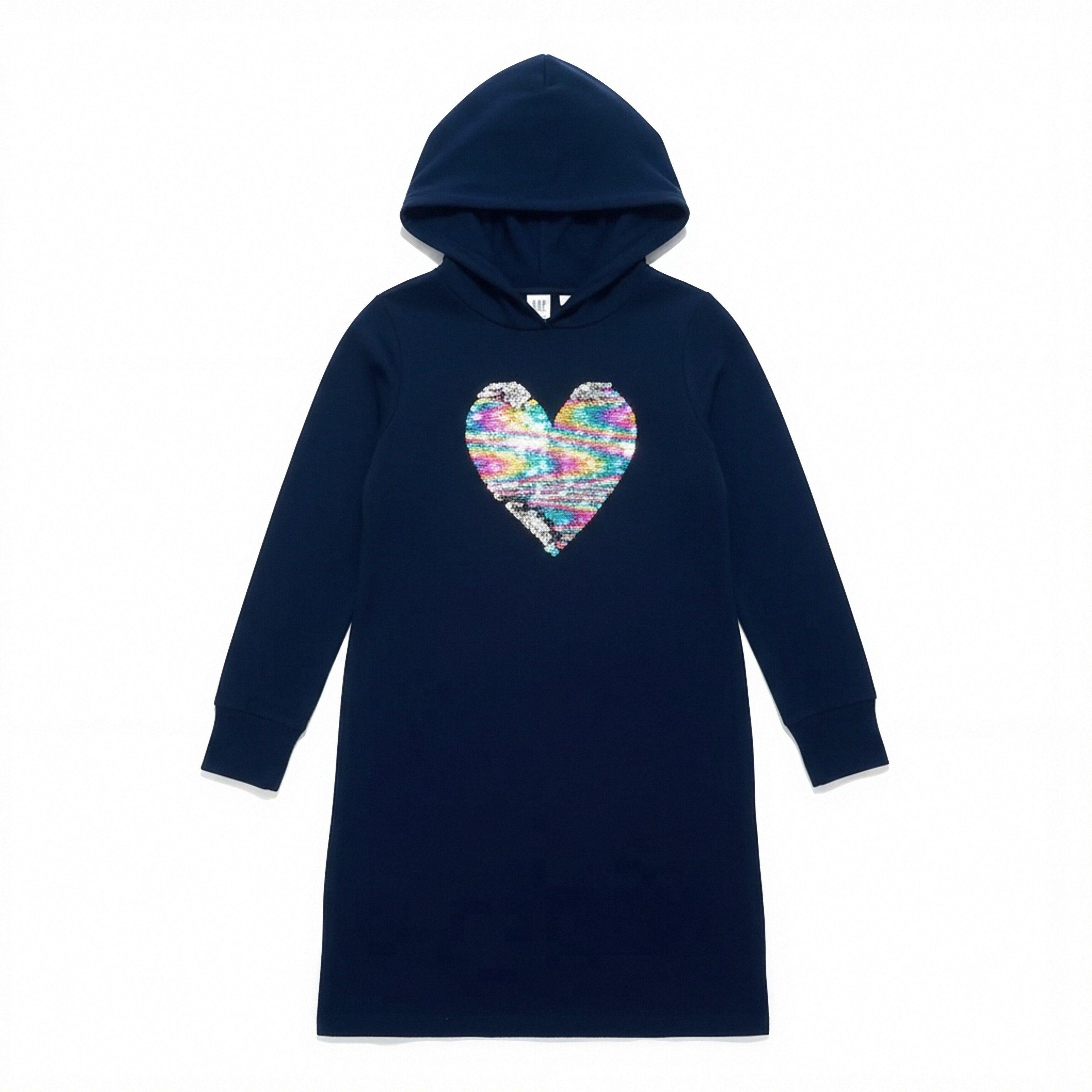 美单春秋冬季纯棉深蓝蓝色配珠片爱心图案连帽女童针织长袖连衣裙,童装/婴儿装/亲子装,连衣裙,淘宝优惠券,粉丝福利购,淘宝优惠卷