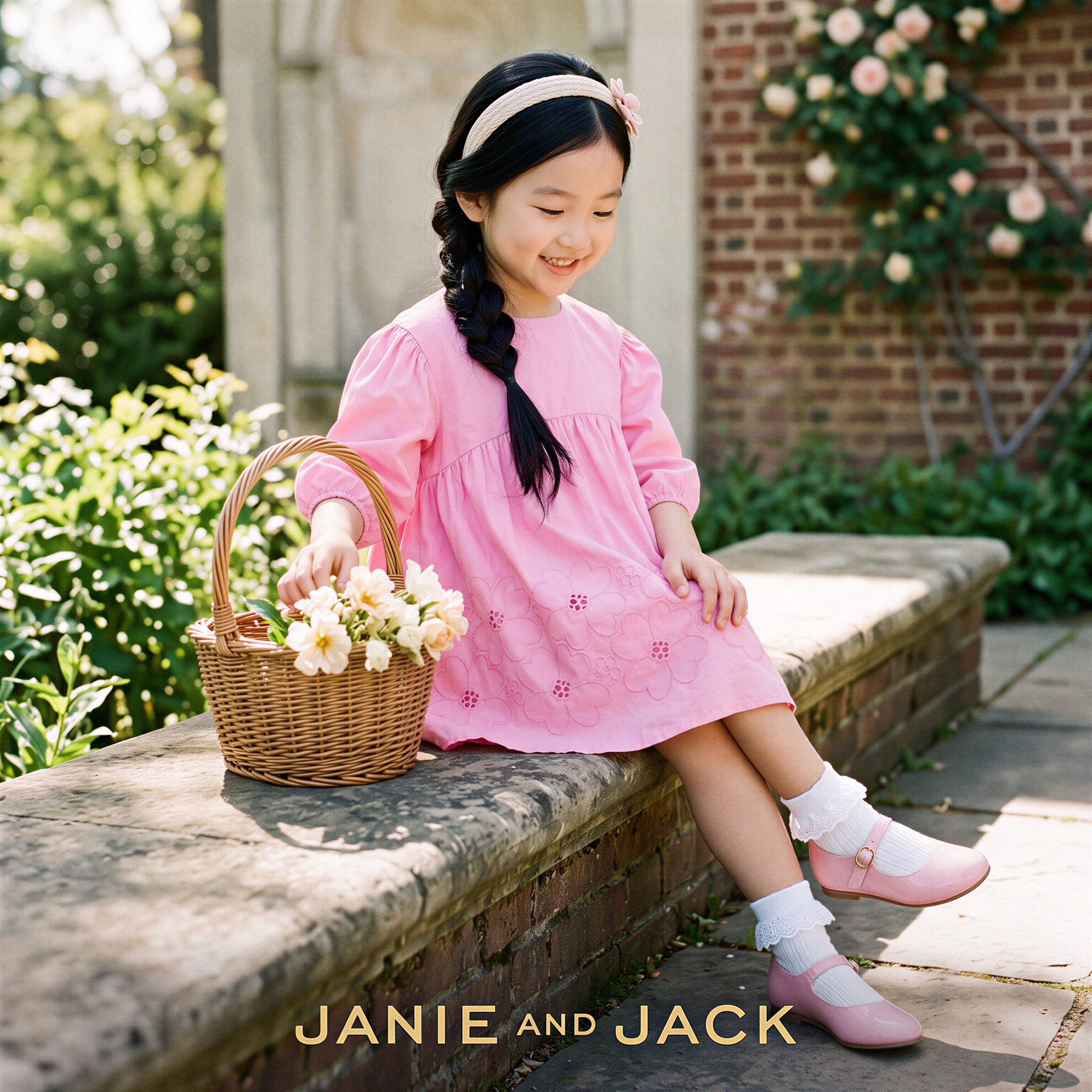 JANIEANDJACK粉色花边优雅春秋冬女童提花花瓣八分袖连衣裙公主裙
